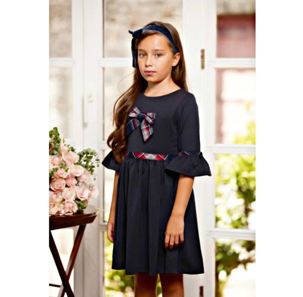 Patachou Girls Navy Holiday Dress Plaid Tartan Bow NWT Size 12 Portugal New